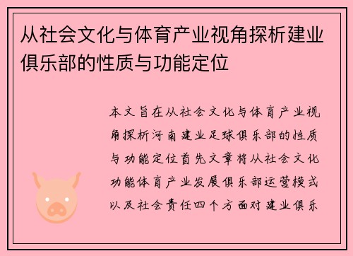 从社会文化与体育产业视角探析建业俱乐部的性质与功能定位