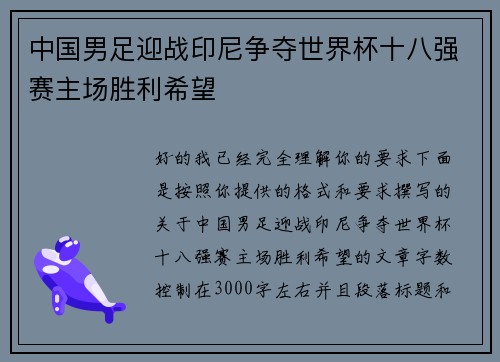 中国男足迎战印尼争夺世界杯十八强赛主场胜利希望